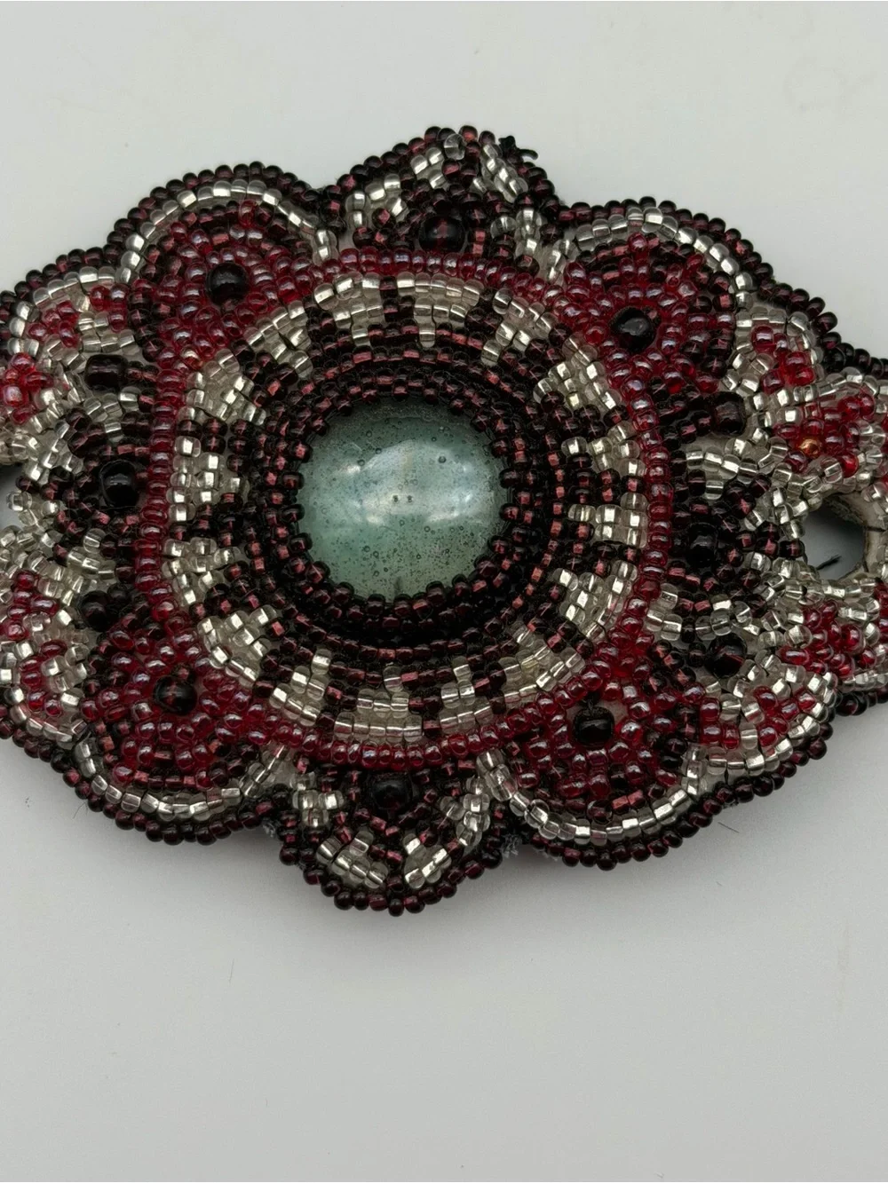 Native American Hand Beaded Barrette/Ponytail Holder With Wood Pin &Leather Back